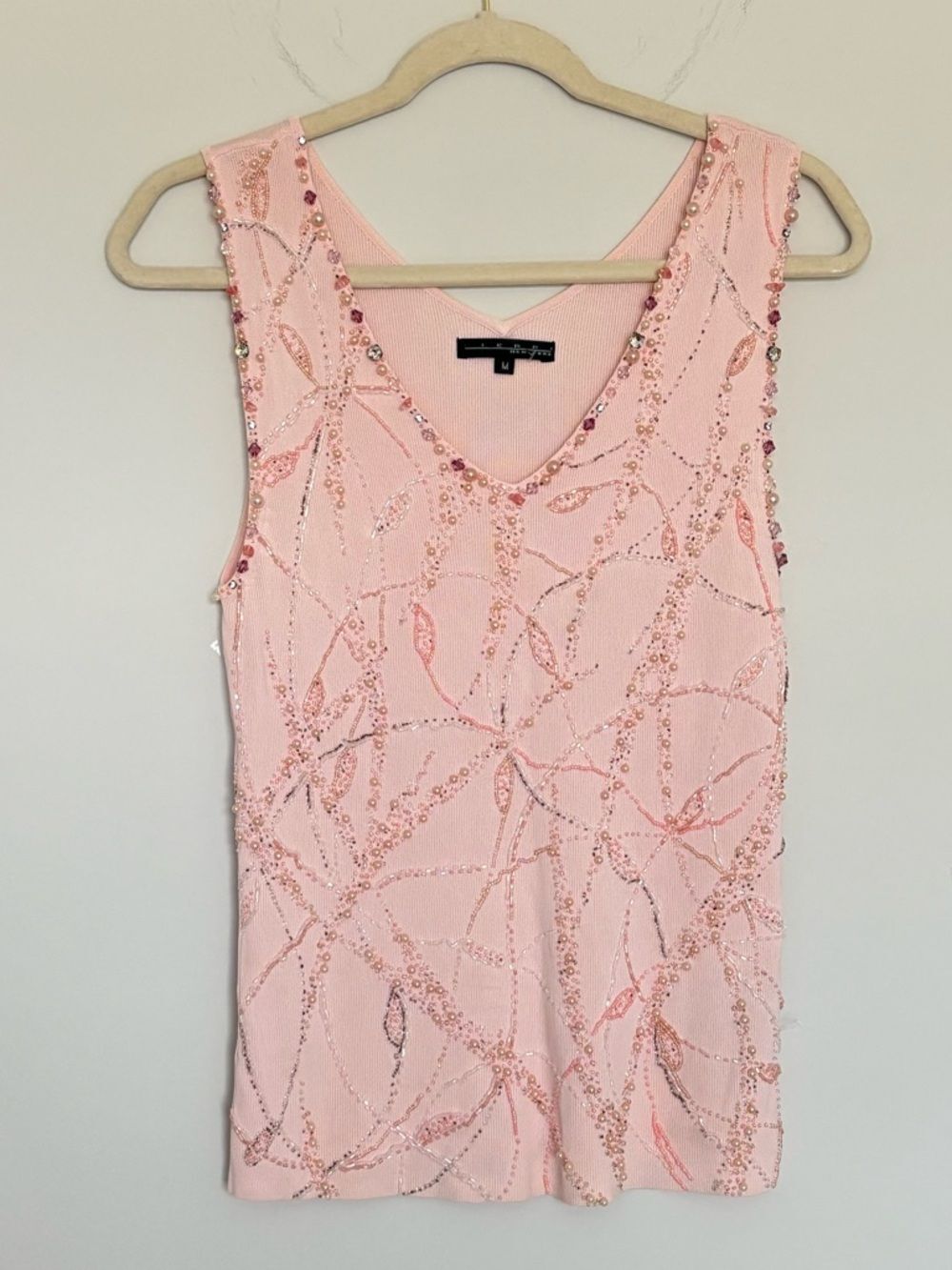 Y2K Pierri New York Fully Beaded Baby Pink Sweater Tank Glam Girly Size Medium